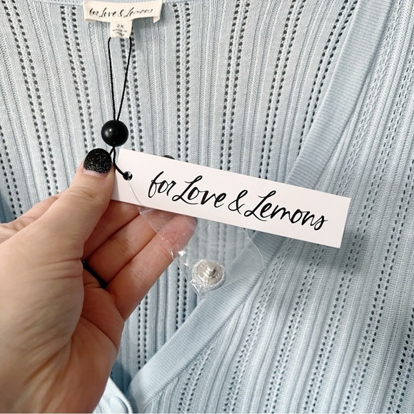 For Love and Lemons Light Blue Rhea Pointelle Cardigan Sweater Plus Size 2X NEW - Picture 10 of 13